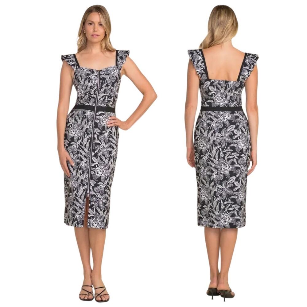 Joseph Ribkoff Zip Front Black White Floral Shift Bodycon Ruffle Dress NEW 10